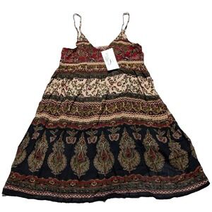 PATHS OF THE SPIRIT Women One Size Black Paisley Crinkle Viscose BOHO Dress NEW